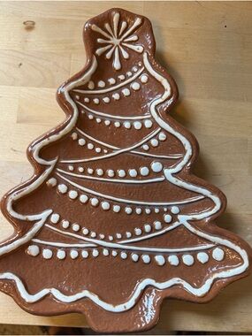 Pottery Barn Brown Ceramic Christmas Tree Platter with White Trim